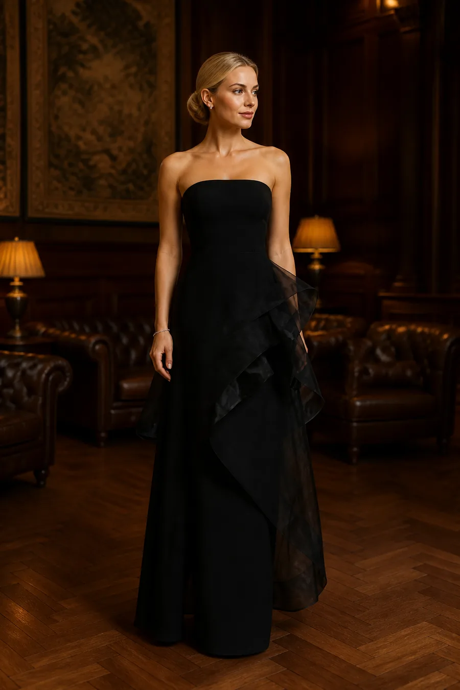 Vestido largo negro con volante de organza