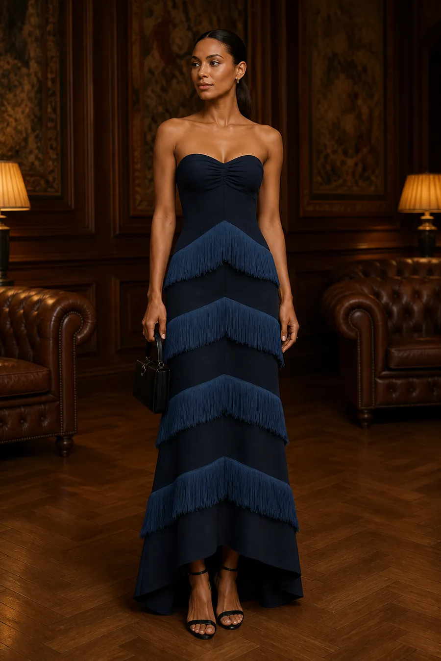 Vestido largo azul marino con falda de flecos escalonados